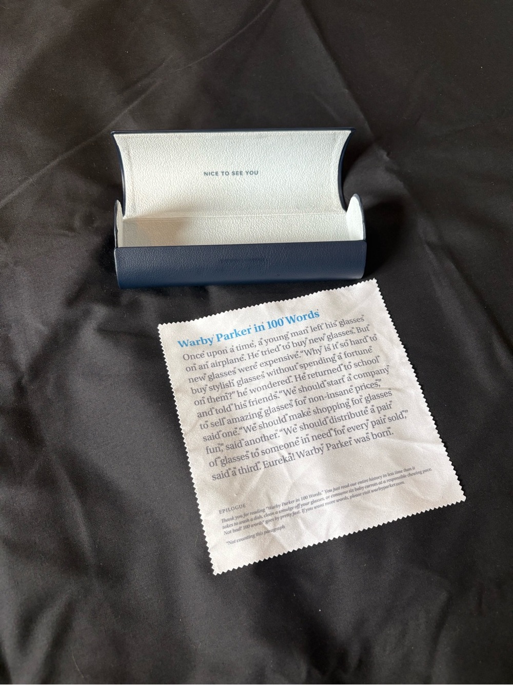 Warby Parker Navy Eyeglass Case with White Interior and Branded Cloth